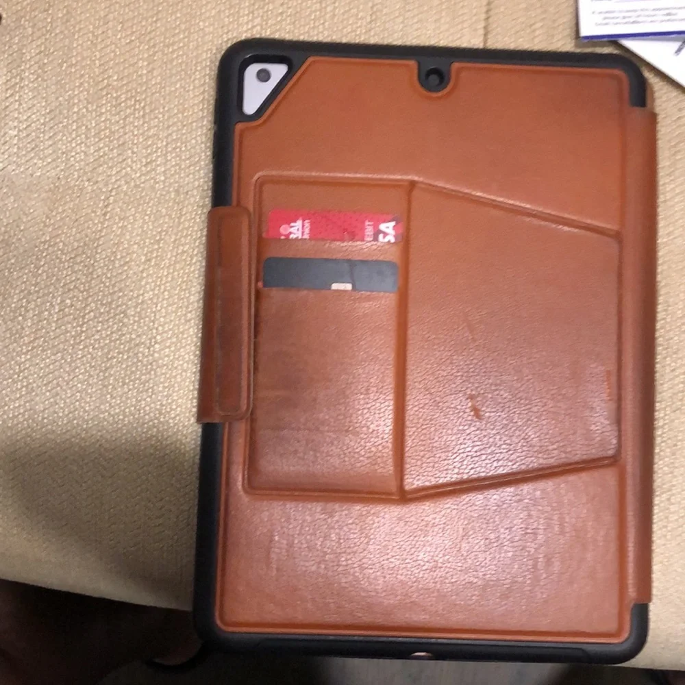 Seymac iPad leather adjustable height cover w/card slot & pen holder,used cognac